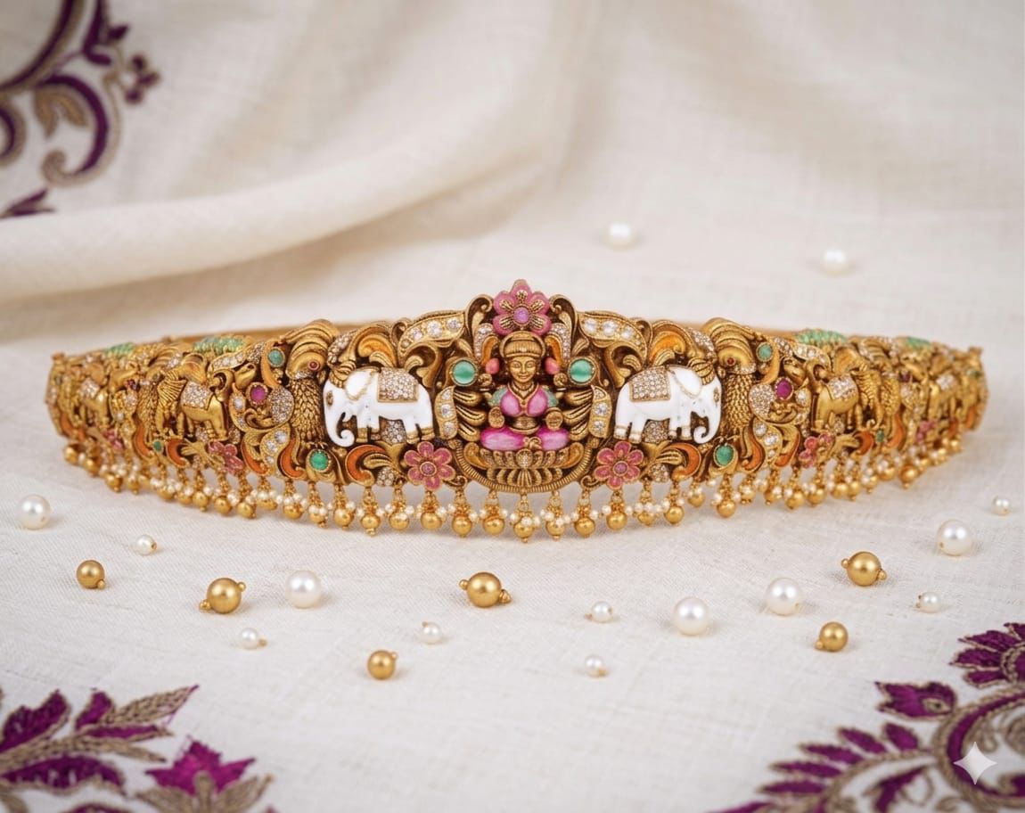 Majestic Gajalakshmi Nakshi Antique Gold Hipbelt with White Enamel Accents