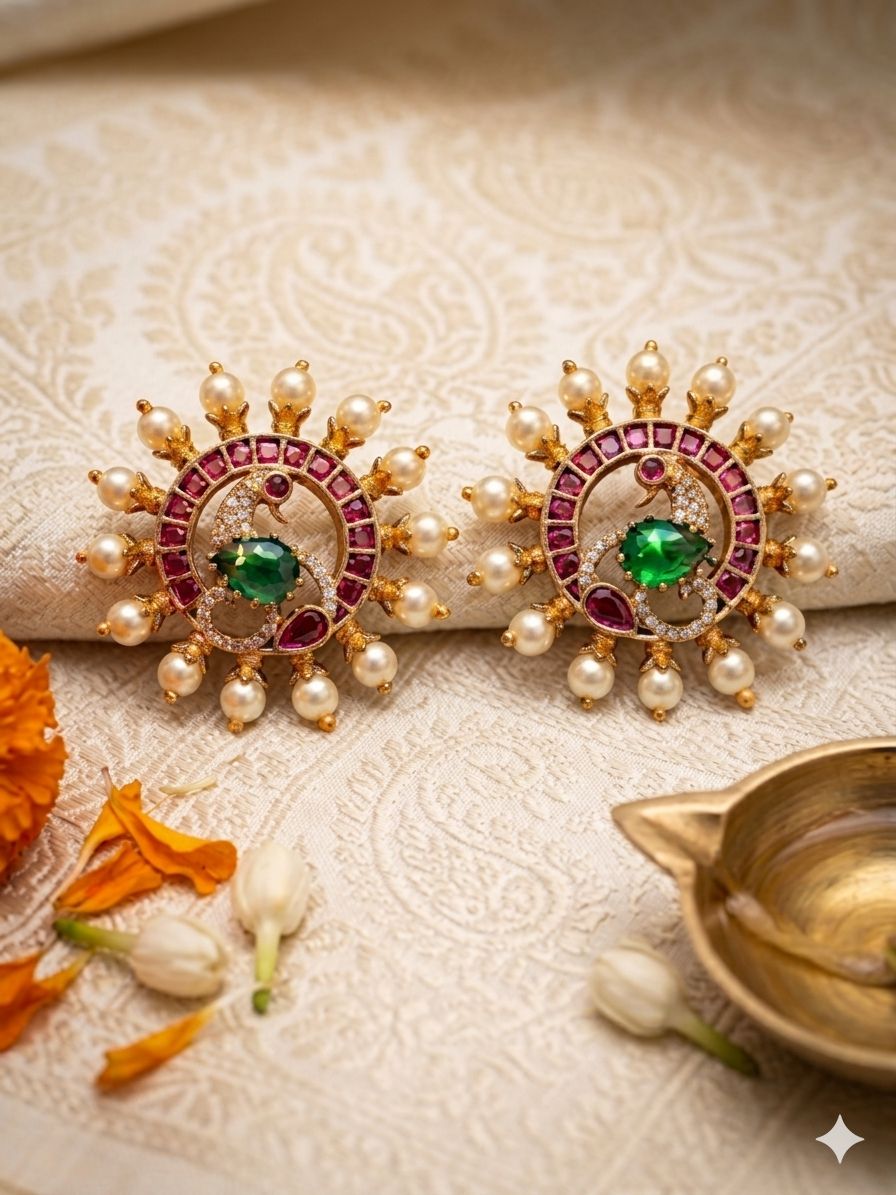 Royal Peacock Mandala Kemp Studs – Traditional Temple Jewellery Earrings with Pearls