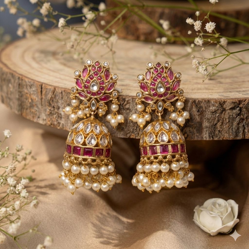 Royal kemp stone jhumka, premium gold finished with gutha pusalu