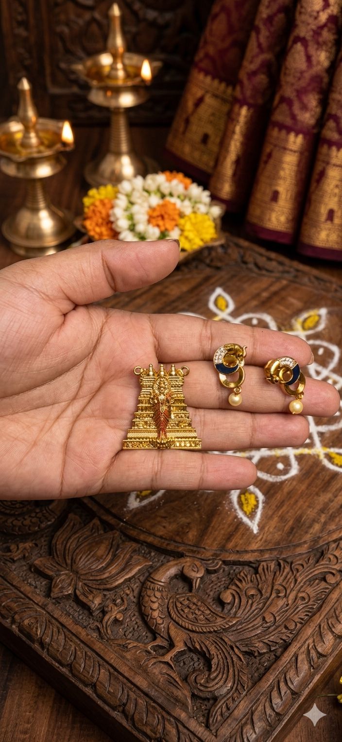 Traditional Gold-Plated South Indian Gopuram Pendant & Earring Set with Enamel Work and Pearls
