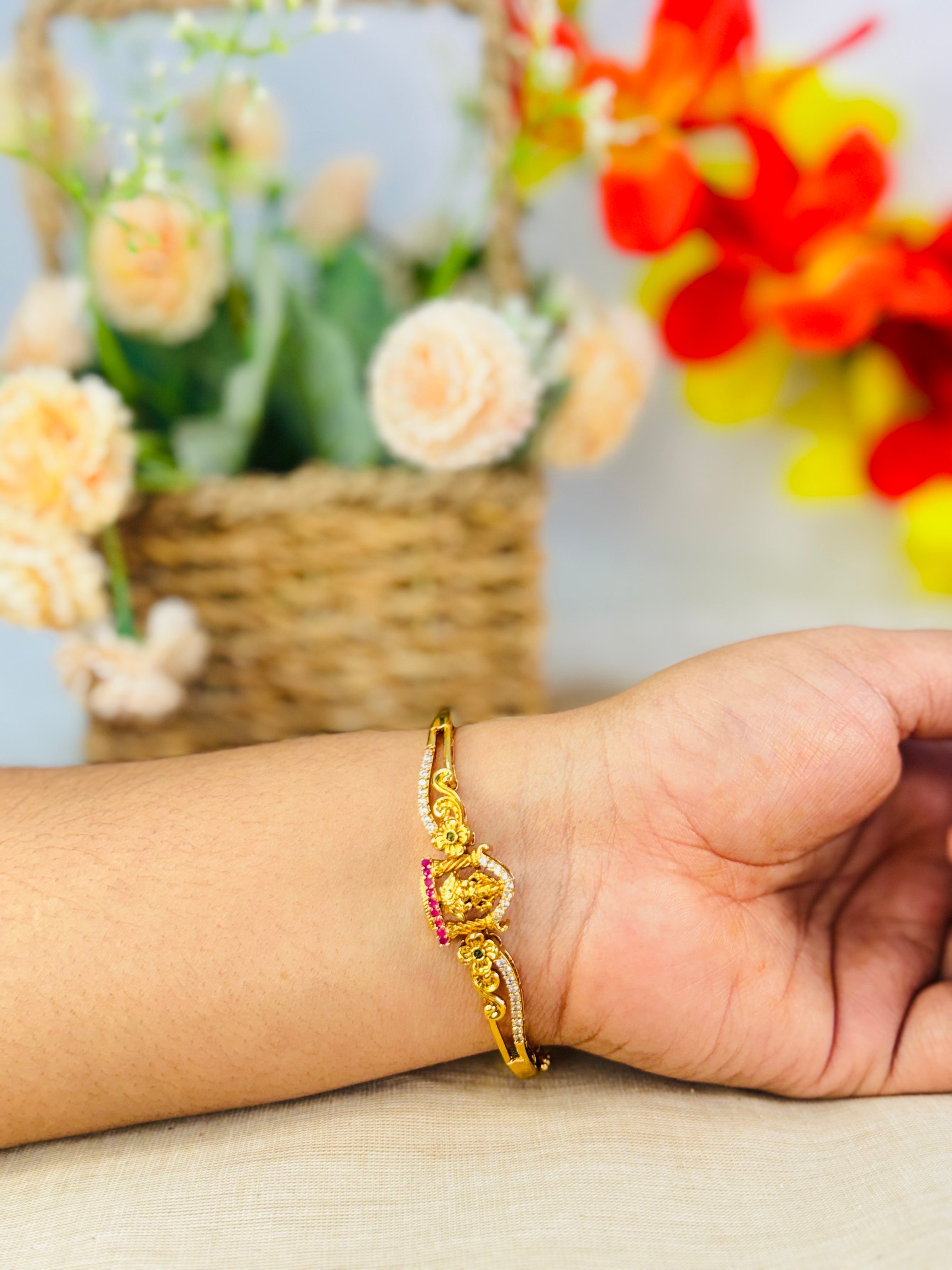 Antique Gold-Plated Lakshmi Temple Bracelet with White Stone Detailing
