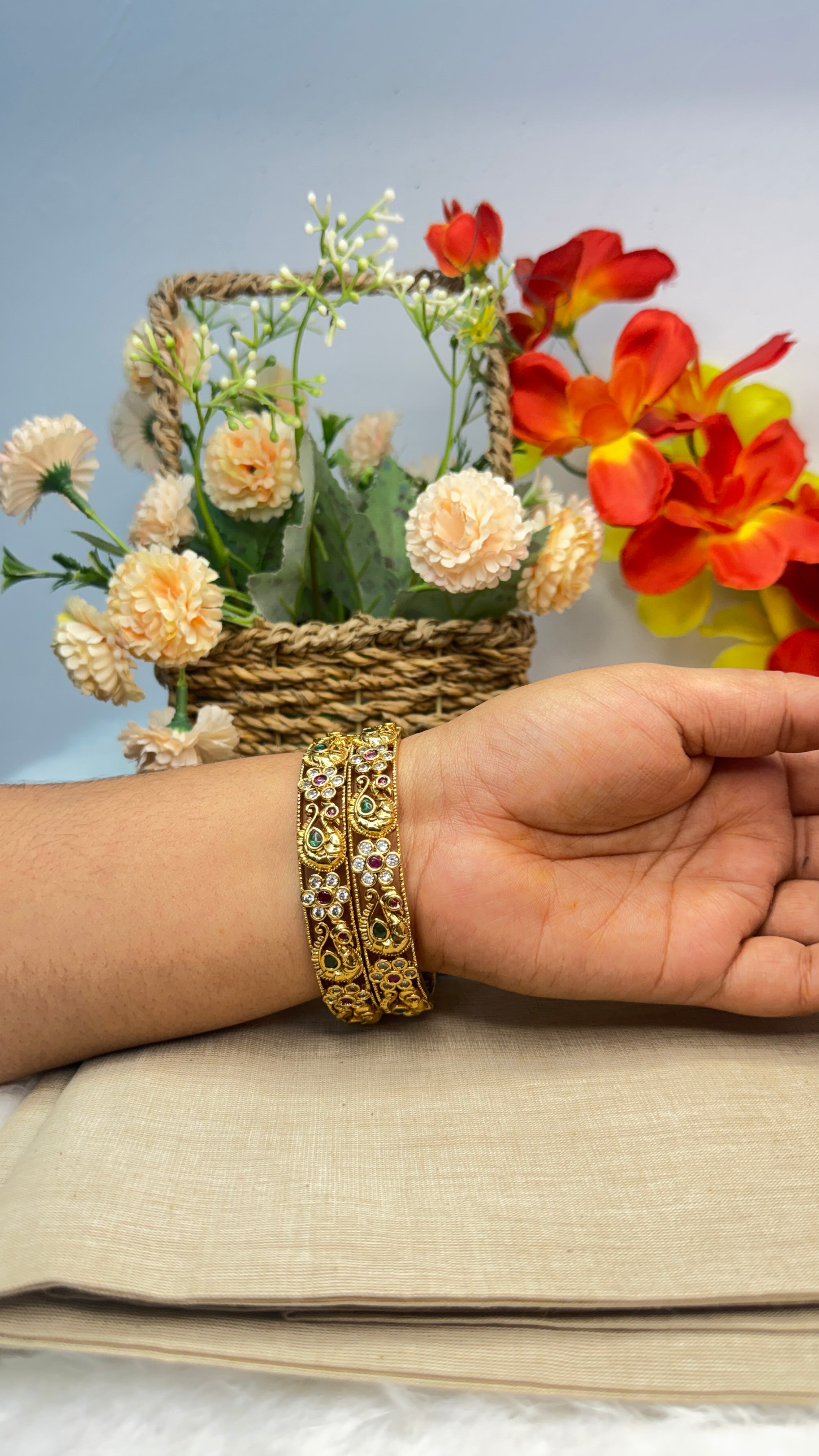 Traditional Jaali Work Kadas with Ruby & Emerald Stones
