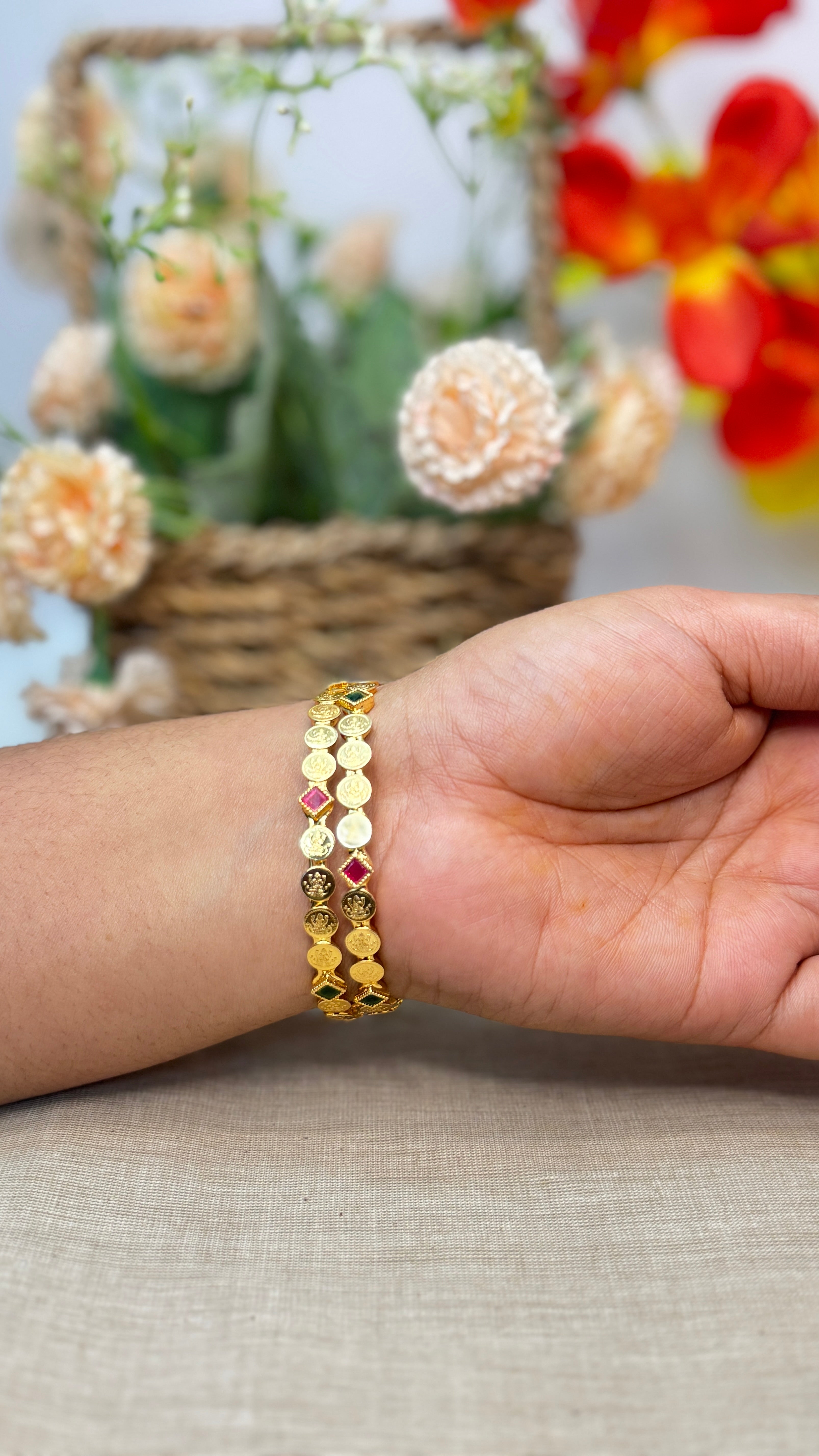 Antique Gold-Plated Lakshmi Kasu Bangles with Kemp Accents.